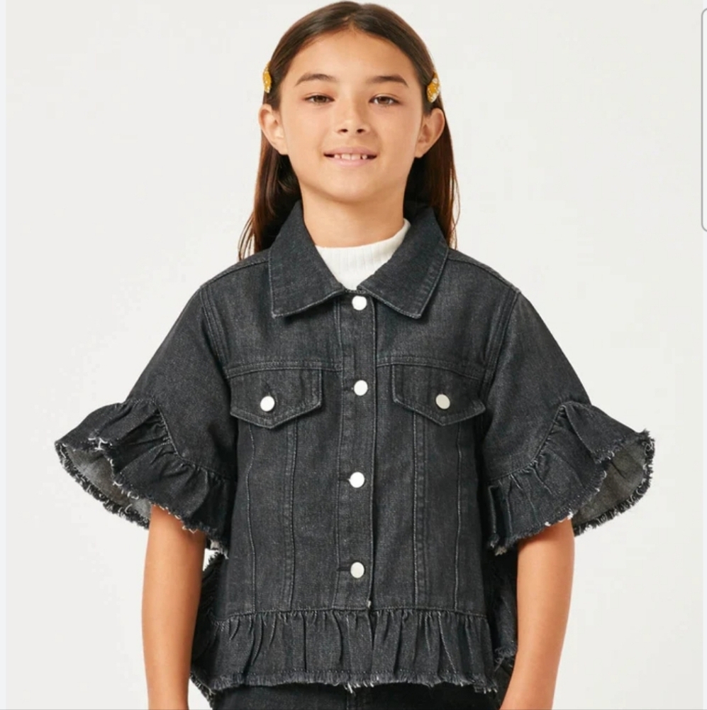 Hayden Girls Black Denim Shacket S Peplum Ruffle Sleeve Western Cowgirl Raw Hem